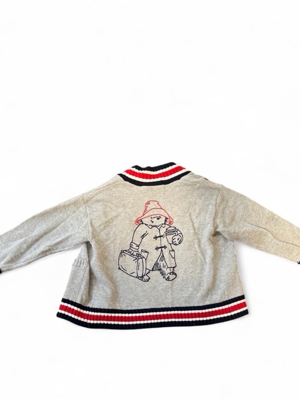 Gray Kids Cardigan with Red Trim and Paddington Bear Graphic
